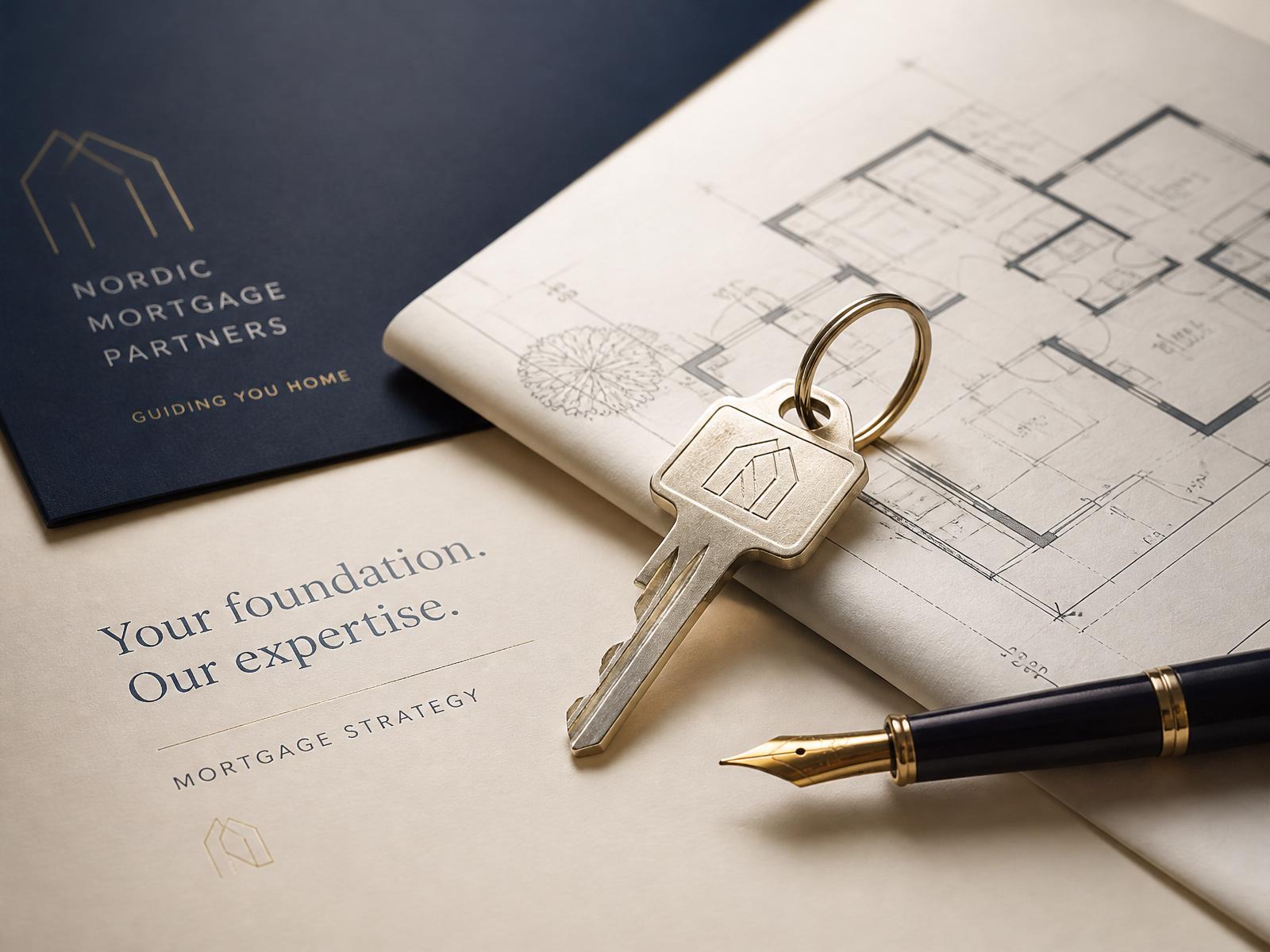 House key on architectural blueprint with fountain pen — mortgage strategy