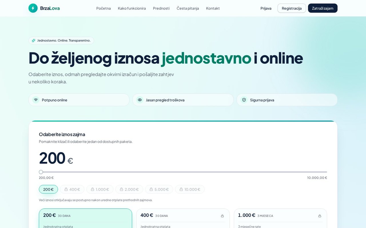 Početna stranica BrzaLova s kalkulatorom kredita