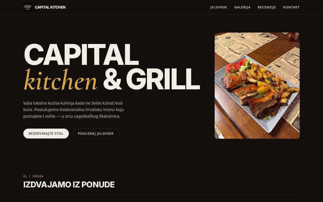 Početna stranica restorana Capital Kitchen & Grill s jelovnikom i pozivom na rezervaciju
