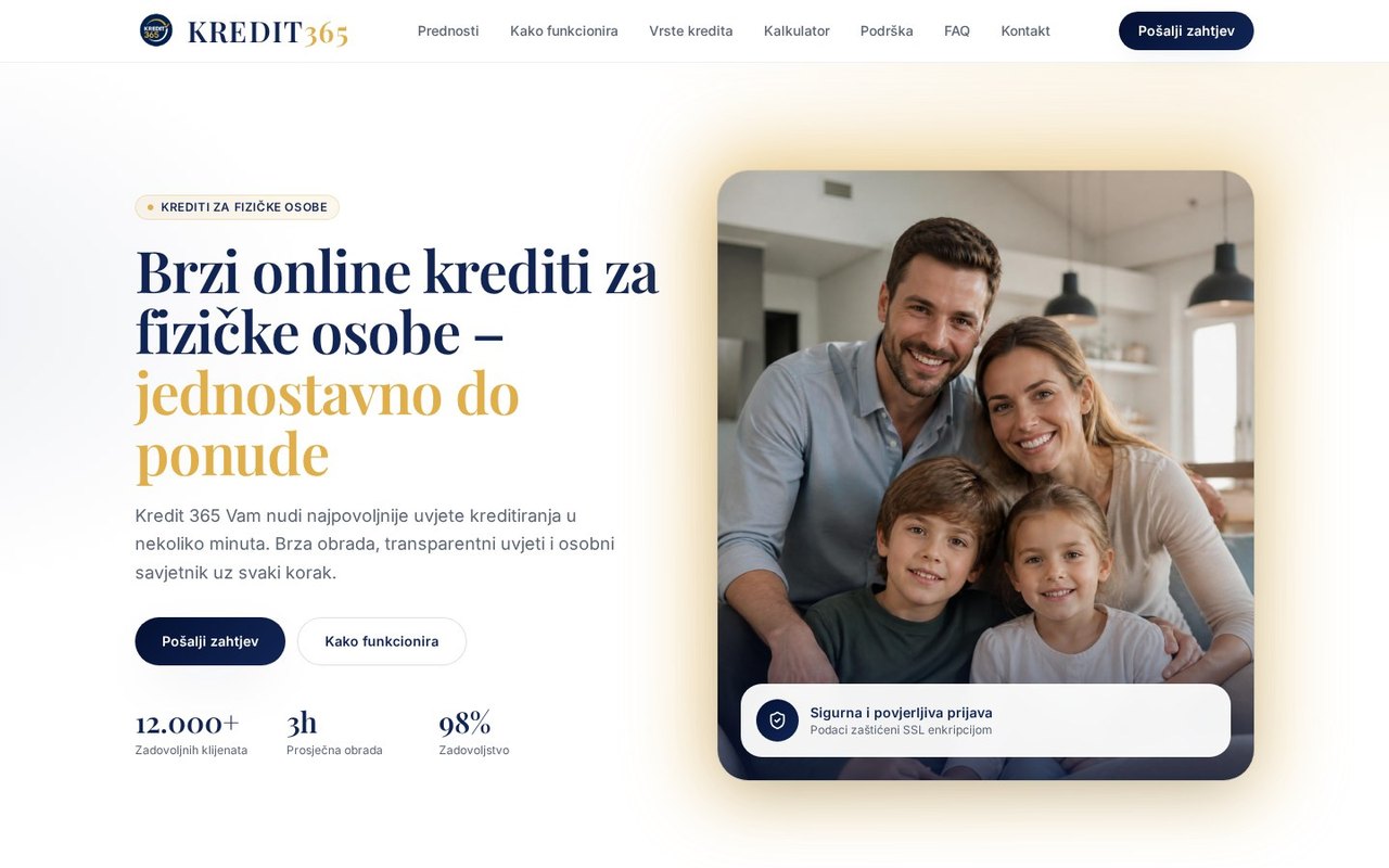 Početna stranica Kredit365 s informacijama o uslugama i pozivom na upit