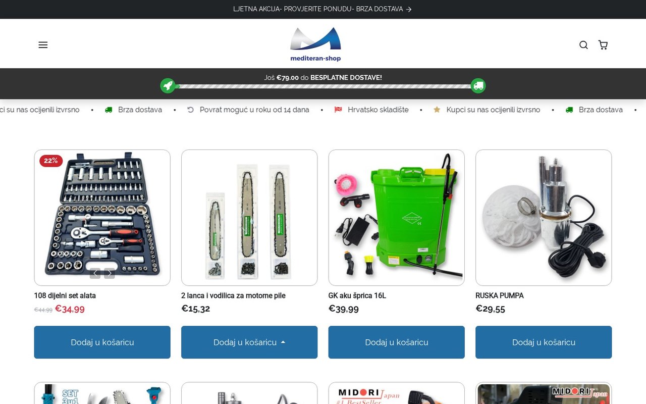Početna stranica webshopa Mediteran Shop s kategorijama proizvoda i akcijama